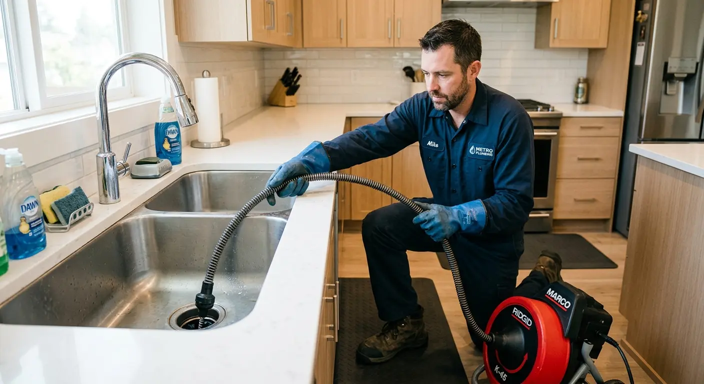 Drain cleaning technician using a motorized snake on a kitchen sink in Aurora