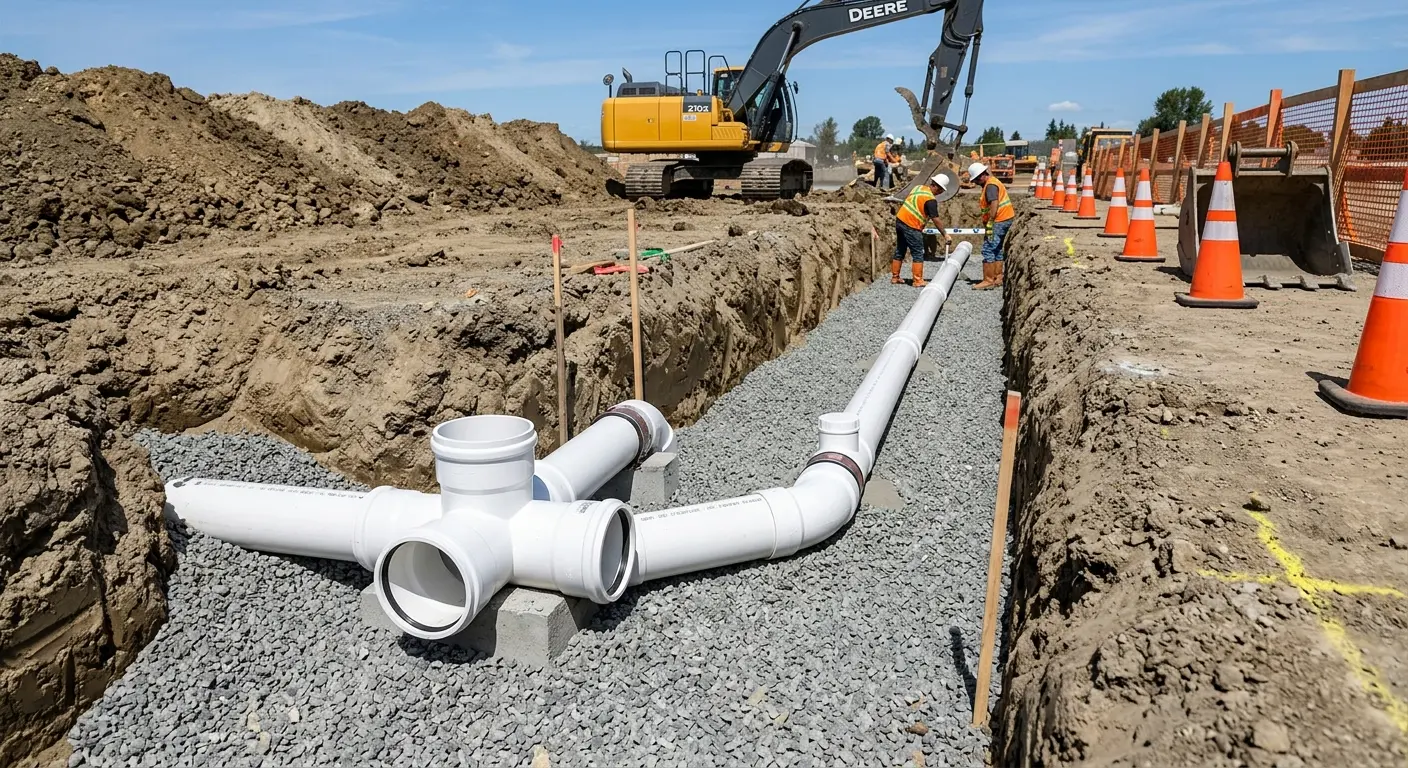 New PVC sewer pipe installation in open trench for Commercial Drain Cleaning in Aurora