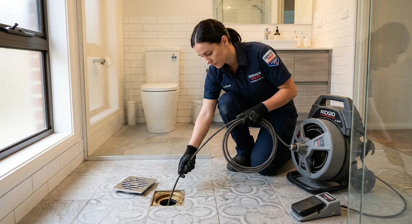 Technician clearing a bathroom floor drain for Hydro Jetting in Aurora